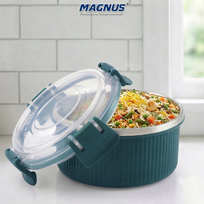 Magnus Klip Lock Stainless Steel Microwave Safe Container with Stainless Steel Lid, Snack & Food Storage, Leak & Spill Proof, BPA Free, Food Grade Material, 400ml, Blue
