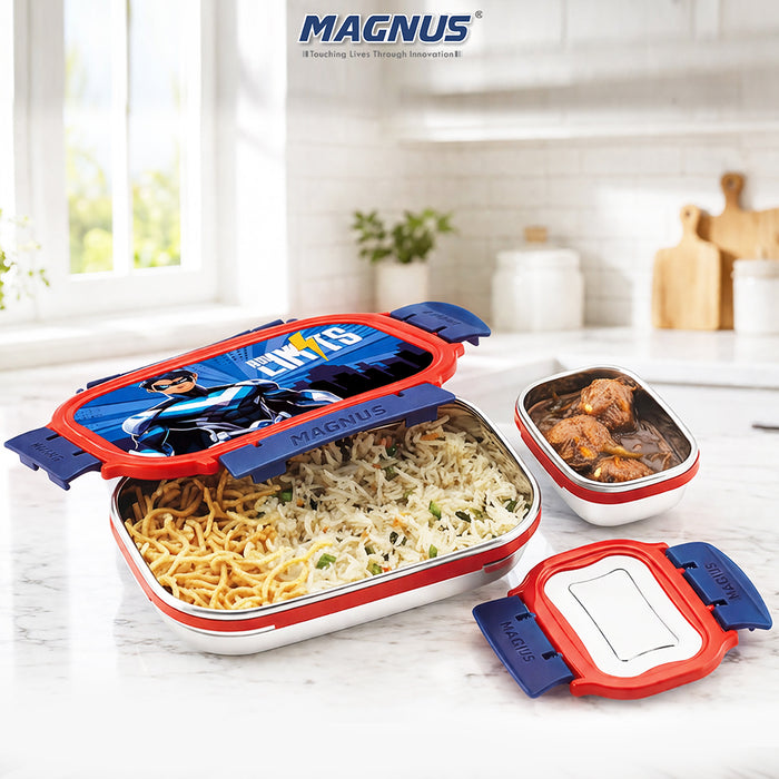 Magnus Magic Switch Senior Stainless Steel Lunch Box for Kids & School | 800ml Main Container + 150ml SS Container | Airtight & Leakproof Tiffin Box with 3D Lenticular Sticker | Red & Blue