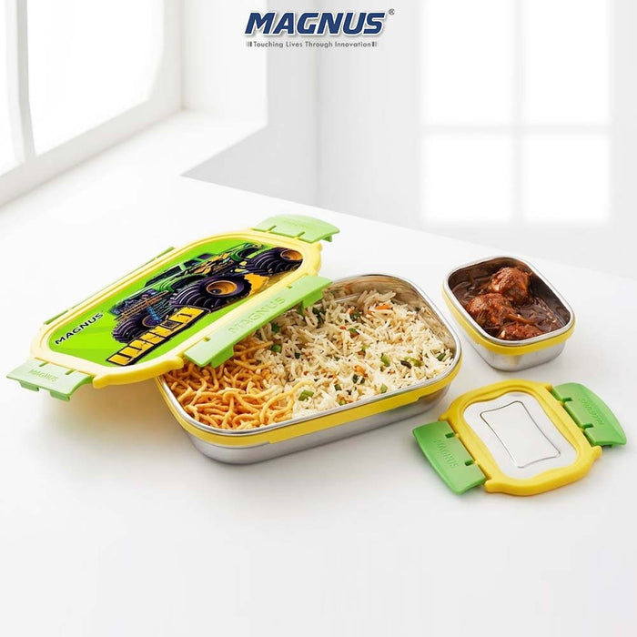 Magnus Magic Switch Senior Stainless Steel Lunch Box for Kids & School | 800ml Main Container + 150ml SS Container | Airtight & Leakproof Tiffin Box with 3D Lenticular Sticker | Green & Yellow