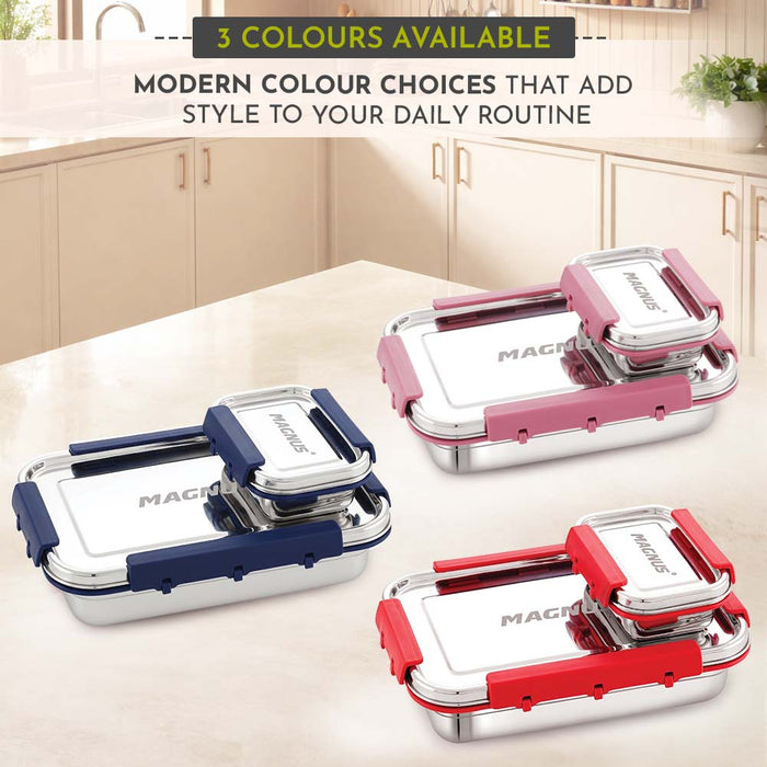 Magnus Dixie Stainless Steel Lunch Box - Airtight & Leak Proof Tiffin, 2 Containers (800ml & 200ml), Ideal Lunch Box for Kids, Lunch Boxes for Office Men, Women & Picnic, Pink