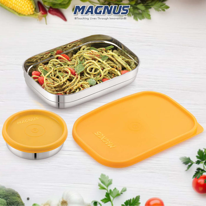 Magnus Rush Stainless Steel Lunch Box - Airtight & Leak Proof Tiffin, 2 Containers (800ml & 200ml), Ideal Lunch Box for Kids, Lunch Boxes for Office Men, Women & Picnic, Orange