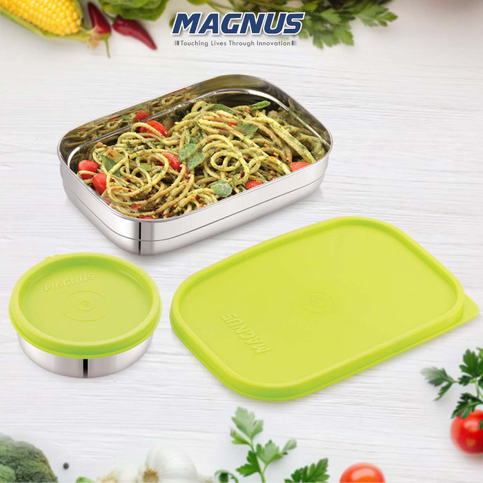 Magnus Rush Stainless Steel Lunch Box - Airtight & Leak Proof Tiffin, 2 Containers (800ml & 200ml), Ideal Lunch Box for Kids, Lunch Boxes for Office Men, Women & Picnic, Green