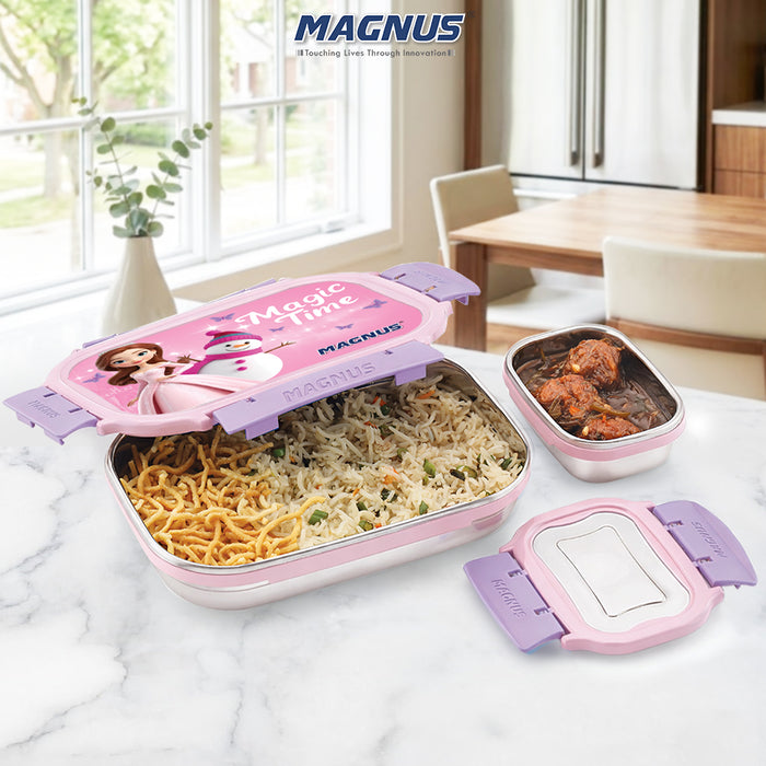 Magnus Magic Switch Senior Stainless Steel Lunch Box for Kids | 800ml Main Container + 150ml SS Container | Airtight & Leakproof Tiffin Box with 3D Lenticular Sticker & Detachable Clips | Pink