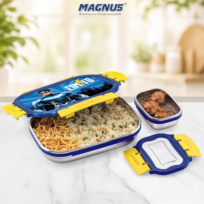 Magnus Magic Switch Senior Stainless Steel Lunch Box for Kids & School | 800ml Main Container + 150ml SS Container | Airtight & Leakproof Tiffin Box with 3D Lenticular Sticker | Blue & Yellow