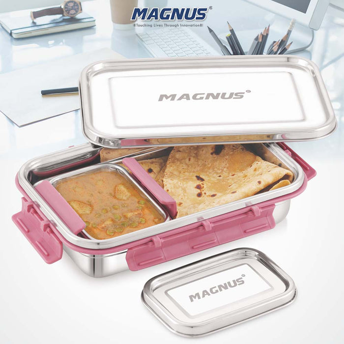 Magnus Dixie Stainless Steel Lunch Box - Airtight & Leak Proof Tiffin, 2 Containers (800ml & 200ml), Ideal Lunch Box for Kids, Lunch Boxes for Office Men, Women & Picnic, Pink