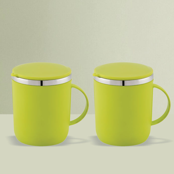 Magnus Espresso Mug | Green Stainless Steel Coffee Mug (300ML) With Lid and Handle | Wide Mouth Mug Keeps Beverages Hot & Cold (Set of 2 Pcs)