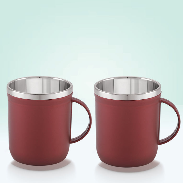 Magnus Espresso Mug | Maroon Stainless Steel Coffee Mug (300ML) With Lid and Handle | Wide Mouth Mug Keeps Beverages Hot & Cold (Set of 2 Pcs)