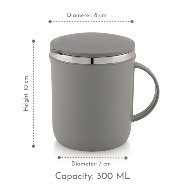Magnus Espresso Mug | Grey Stainless Steel Coffee Mug (300ML) With Lid and Handle | Wide Mouth Mug Keeps Beverages Hot & Cold (Set of 2 Pcs)
