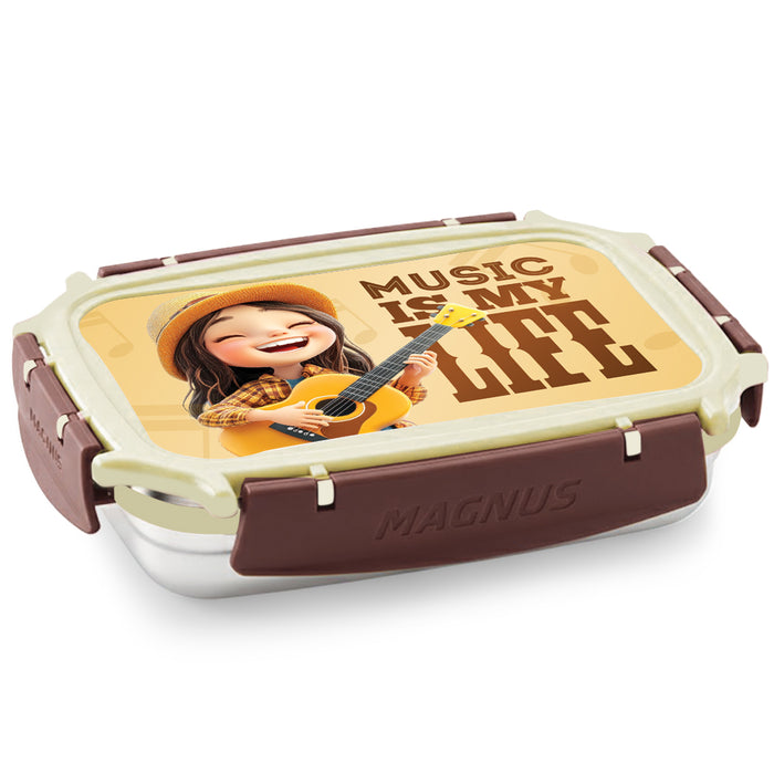 Magnus Magic Switch Junior Stainless Steel Lunch Box for Kids & School | 550 ml Container Container | Airtight & Leakproof Tiffin Box with 3D Lenticular Sticker & Detachable Clips | Brown