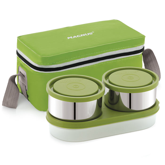 Magnus Fancy 3 Steel Lunch Box Set with Leak-Proof Containers, 3 Compartments, Washable Cover, Stylish Carry Bag - Lunch Box for Kids, Lunch Boxes for Office Men and Women, Safe Design (Green)