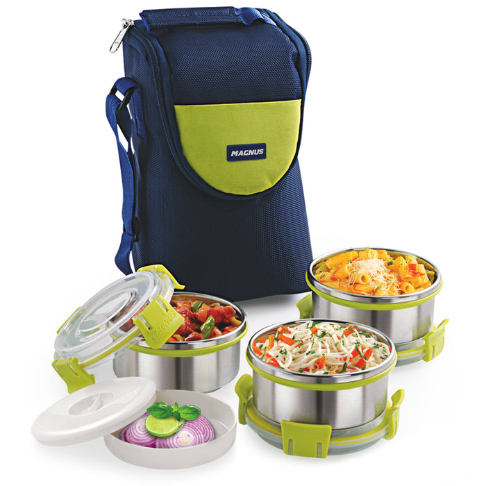 Magnus Aura 3 Stainless Steel Lunch Box Set - 3pcs with Tiffin Bags | Durable Lunch Box for Kids and Adults | Ideal Lunch Boxes for Office Men and Women | Perfect for School and Work