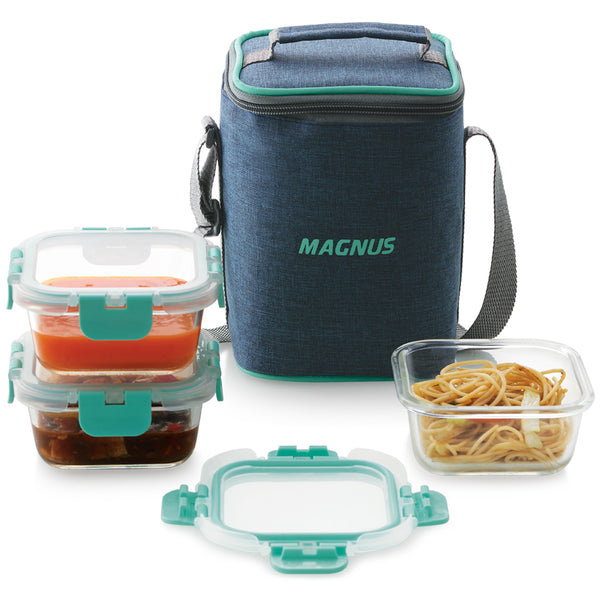 Magnus Glock Linen Glass Lunch Box with Blue Vertical Pouch, 3 Square Borosilicate Glass Containers, 960 ML Each