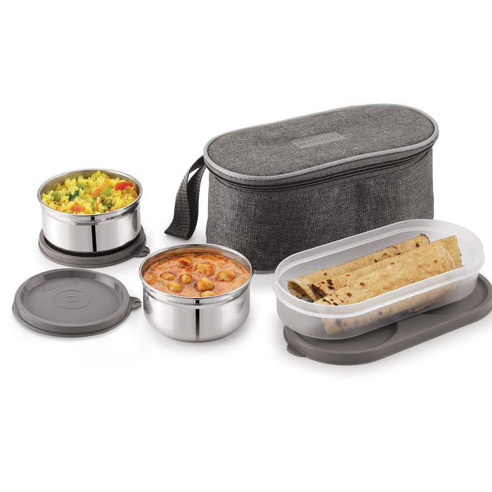 Magnus Feast 3 Grey Stainless Steel Lunch Box Set | 1150ml Leakproof Tiffin box for Men & Women