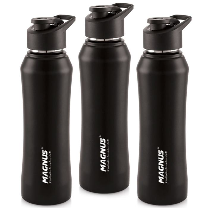 Magnus Oscar Single Wall Stainless Steel Water Bottle for School, Office, Home, Gym, Leakproof, Rust free, Black - 750ml, Set of 3