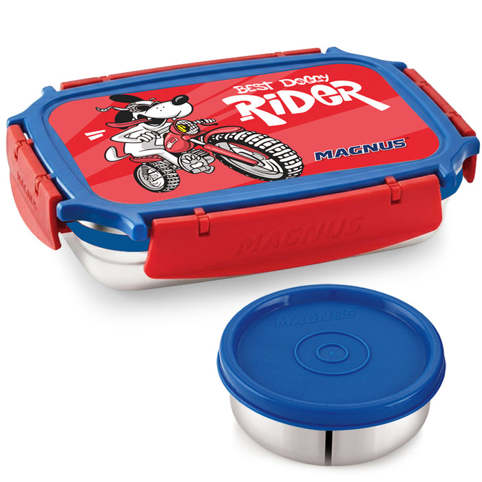 Magnus Magic Switch Junior Stainless Steel Lunch Box for Kids & School | 550 ml Main Container + 100ml Round Container | Airtight & Leakproof Tiffin Box with 3D Lenticular Sticker | Red, Blue