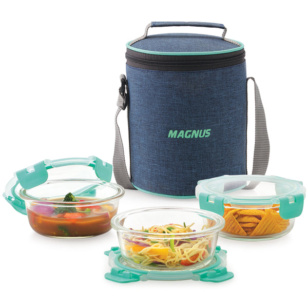Magnus Glock Linen Glass Lunch Box with Blue Vertical Pouch, 3 Round Borosilicate Glass Containers, 1200ML