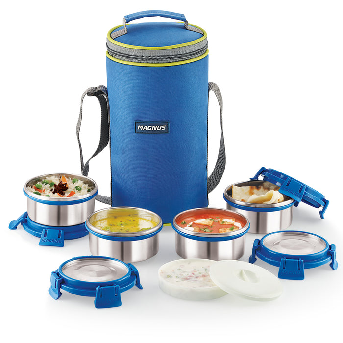 Magnus Aura 4 Deluxe Stainless Steel Lunch Box for Kids | Airtight, Leakproof, Insulated | Ideal Lunch Boxes for Office Men, Women | Hot Meals | Convenient Carrying Pouch (Blue)