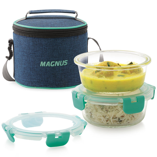 Magnus Glock Linen Glass Lunch Box with Blue Vertical Pouch, 2 Round Borosilicate Glass Containers, 800ML