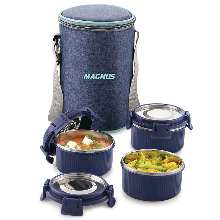 Magnus Microwave Aura 3 Deluxe, Microwave Safe Ribbed Stainless Steel Lunch Box Set with Tiffin Bags & Pouch | Airtight, Leakproof Containers | Lunch Box for Kids, Lunch Boxes for Office Men, Women, School