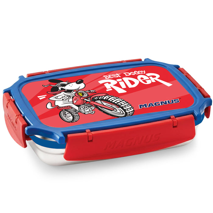 Magnus Magic Switch Junior Stainless Steel Lunch Box for Kids & School | 550 ml Container Container | Airtight & Leakproof Tiffin Box with 3D Lenticular Sticker & Detachable Clips | Blue, Red