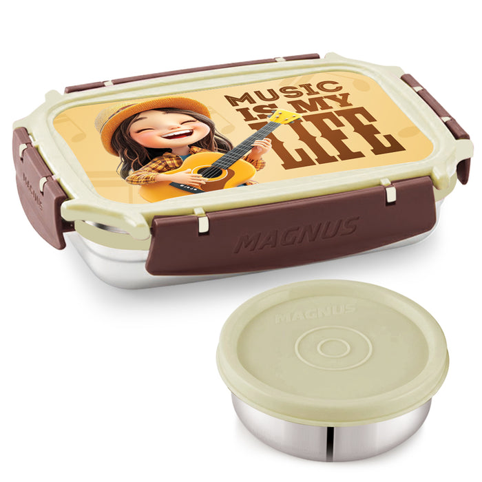 Magnus Magic Switch Junior Stainless Steel Lunch Box for Kids & School | 550 ml Main Container + 100ml Round Container | Airtight & Leakproof Tiffin Box with 3D Lenticular Sticker | Brown
