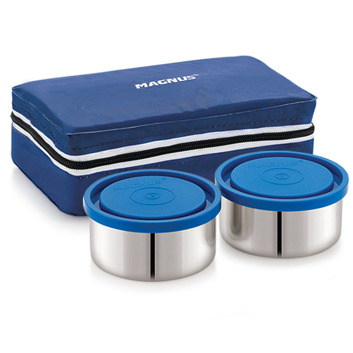 Magnus Fancy 2 Steel Lunch Box Set - Leak-Proof Containers for Office & School | 1050ml | Carry Bag for Men, Women | Stylish Lunch Box for Kids & Lunch Boxes for Office Men, Blue