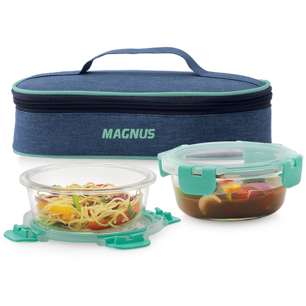 Magnus Glock Linen Glass Lunch Box with Blue Flat Pouch, 2 Round Borosilicate Glass Containers, 800ML