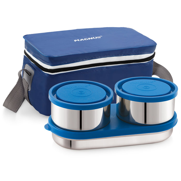 Magnus Fancy 3 Prime Steel Lunch Box Set | Leak-Proof Lunch Box for Kids | Lunch Boxes for Office Men & Women | Tiffin with 3 Compartments & Washable Cover | Safe & Stylish Design (Blue)