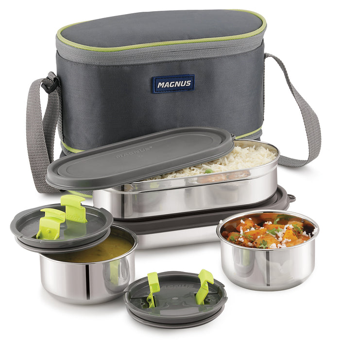 Magnus Olive-4 Stainless Steel Lunchbox with Leak-Proof Containers & Insulated Carry Case - Airtight Food Storage Lunch Box for Kids, Office Men, Women - Dual Long Containers for School, Picnic