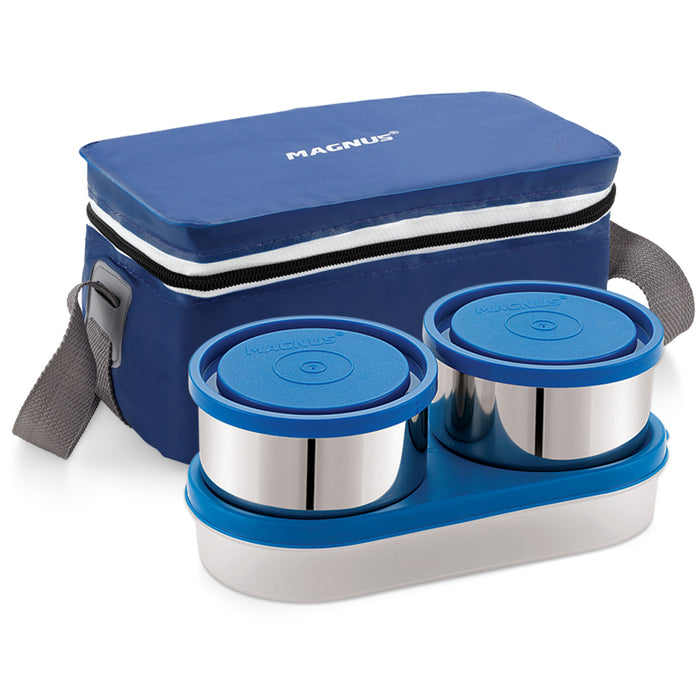 Magnus Fancy 3 Steel Lunch Box Set for Kids and Office Men, Leak-Proof Containers, 3 Compartments, Washable Cover, Stylish Carry Bag, Safe Design, Ideal for Office and School, Blue