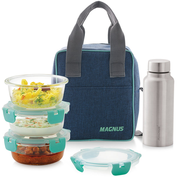 Magnus Glock Linen Glass Lunch Box with Blue Vertical Pouch, 3 Round Borosilicate Glass Containers + 1 SS Bottle, 1900ML