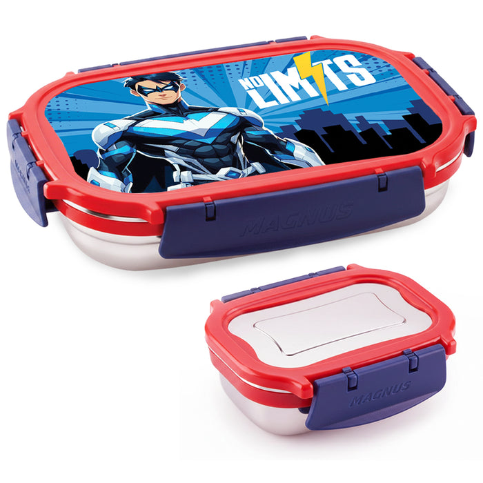 Magnus Magic Switch Senior Stainless Steel Lunch Box for Kids & School | 800ml Main Container + 150ml SS Container | Airtight & Leakproof Tiffin Box with 3D Lenticular Sticker | Red & Blue