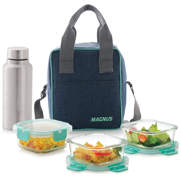 Magnus Glock Linen Glass Lunch Box with Blue Vertical Pouch, 3 Square Borosilicate Glass Containers + 1 SS Bottle , 1660 ML Each