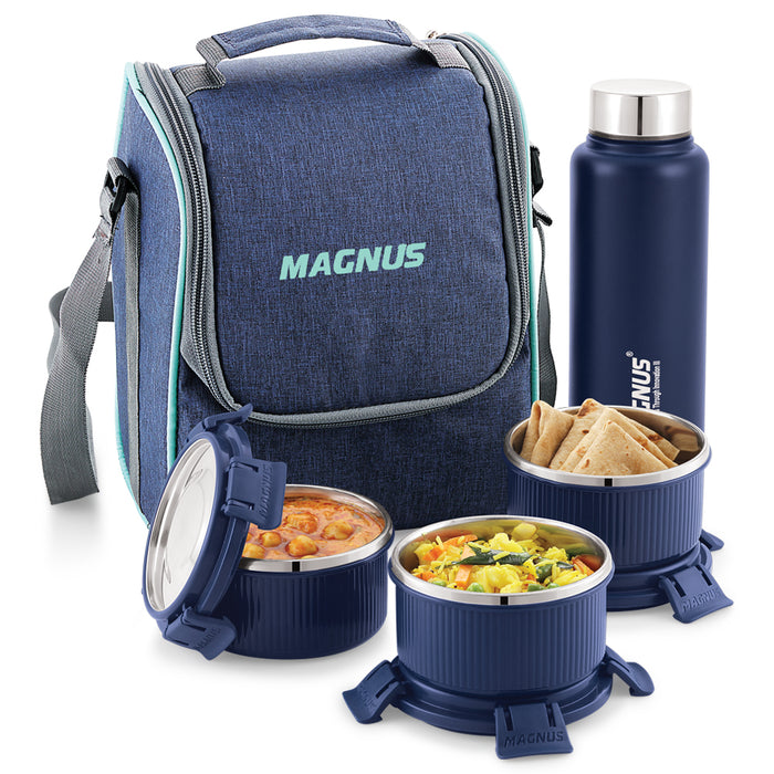 Magnus Microwave Hero 4 Deluxe Stainless Steel Klip Lock Lunch Box with Blue Vertical Pouch, 1 SS Bottle (700ml) & 3 Round Airtight, Leakproof Containers, 300ml Each