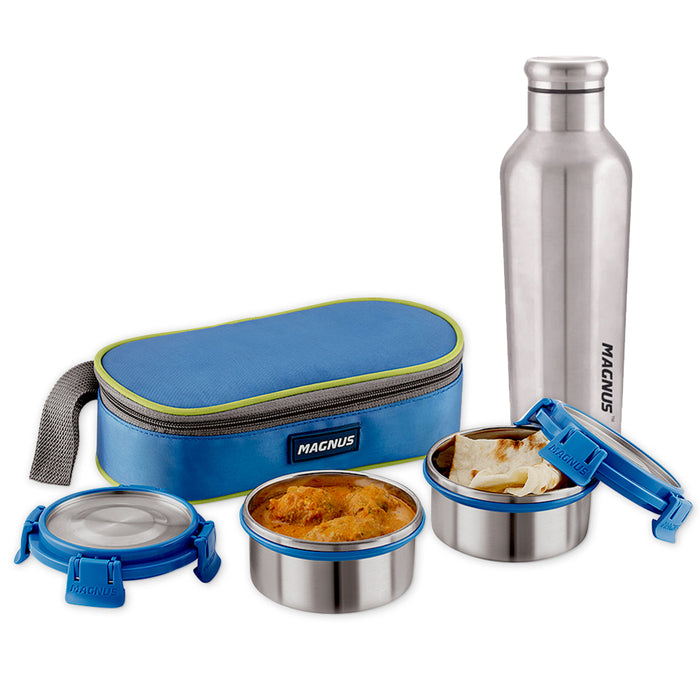 Magnus Avanza 2 Deluxe Stainless Steel Lunch Box Set with Bottle (550ml) | Leakproof Tiffin with Bag | Ideal Lunch Box for Kids, Office Men, Women | Air-Tight Food Carrier