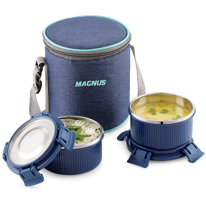 Magnus Microwave Aura 2 Deluxe Microwave Safe Ribbed Stainless Steel Lunch Box Set with Tiffin Bags & Pouch | Airtight, Leakproof Containers | Lunch Box for Kids, Lunch Boxes for Office Men, Women, School