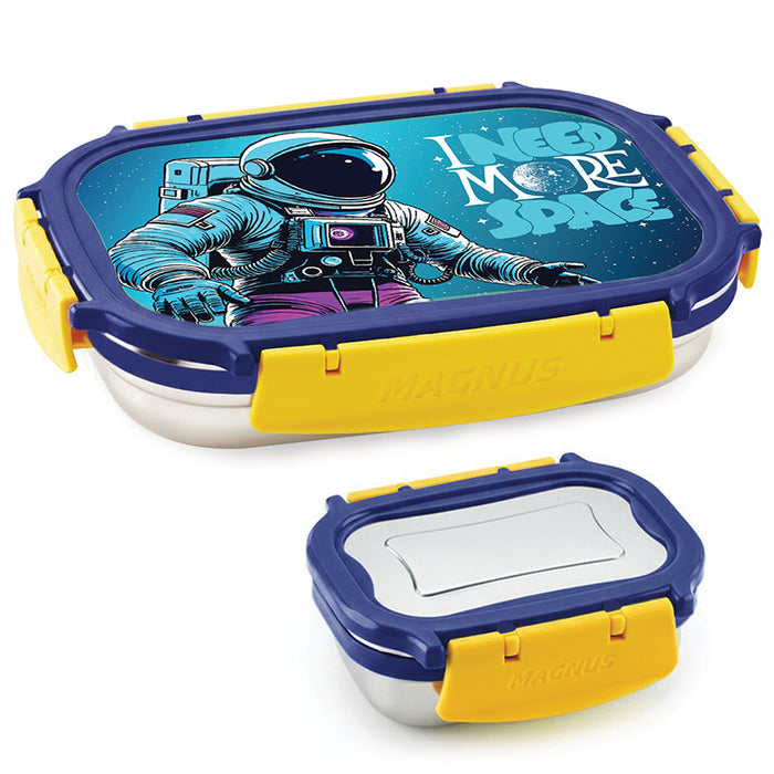 Magnus Magic Switch Senior Stainless Steel Lunch Box for Kids & School | 800ml Main Container + 150ml SS Container | Airtight & Leakproof Tiffin Box with 3D Lenticular Sticker | Blue & Yellow