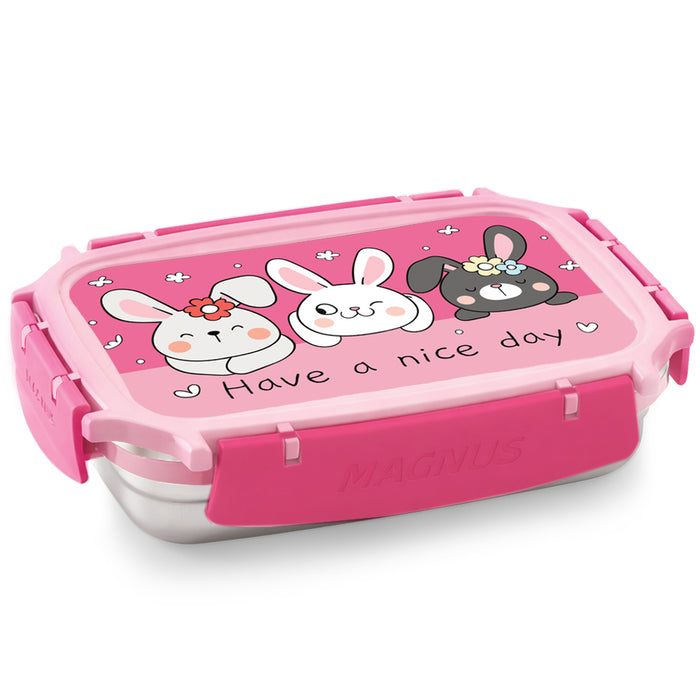 Magnus Magic Switch Junior Stainless Steel Lunch Box for Kids & School | 550 ml Container Container | Airtight & Leakproof Tiffin Box with 3D Lenticular Sticker & Detachable Clips | Pink