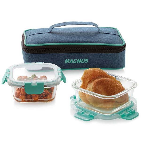 Magnus Glock Linen Glass Lunch Box with Blue Flat Pouch, 2 Square Borosilicate Glass Containers, 640 ML Each