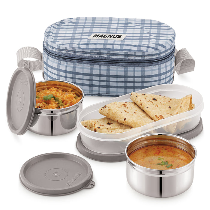 Magnus Deli 3 Stainless Steel Lunch Box Set - Grey | Leakproof & BPA-Free | Lunch Box for Kids | Hot Food Safe | Air-Tight Seal Tiffin Containers | Ideal Lunch Boxes for Office Men & Women