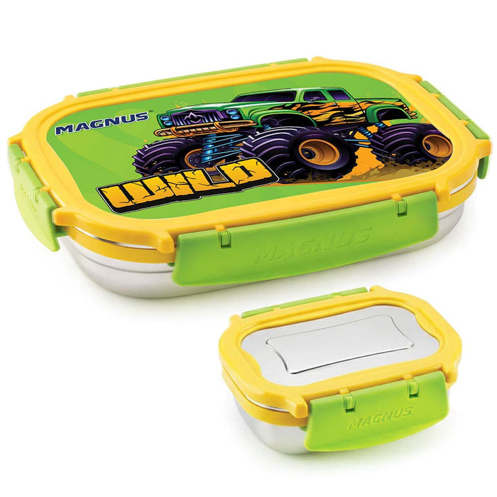 Magnus Magic Switch Senior Stainless Steel Lunch Box for Kids & School | 800ml Main Container + 150ml SS Container | Airtight & Leakproof Tiffin Box with 3D Lenticular Sticker | Green & Yellow