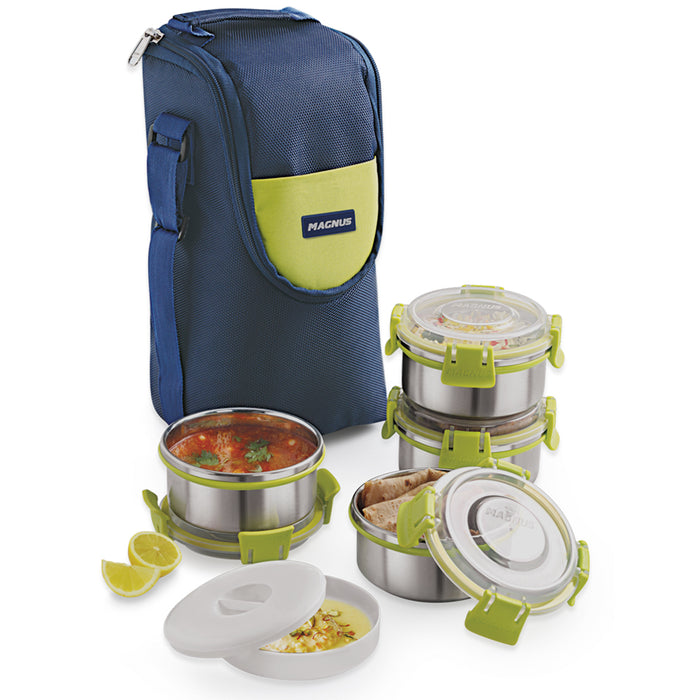 Magnus Aura 4-Piece Stainless Steel Lunch Box Set with Tiffin Bags, Utensils & Pouch | Airtight, Leakproof Containers for Office Men, Women, Kids | Insulated Covers, BPA-Free Lunch Boxes for Kids