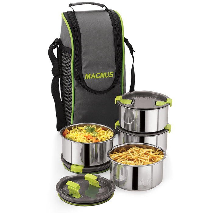 Magnus Opal 4 Stainless Steel Lunchbox Set with Bag - Leak-Proof, Insulated Lunch Box for Kids, Lunch Boxes for Office Men and Women - 4 Containers, 350ml Each, with Smart Steam Lock Mechanism