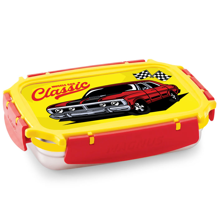 Magnus Magic Switch Junior Stainless Steel Lunch Box for Kids & School | 550 ml Container Container | Airtight & Leakproof Tiffin Box with 3D Lenticular Sticker & Detachable Clips | Red, Yellow
