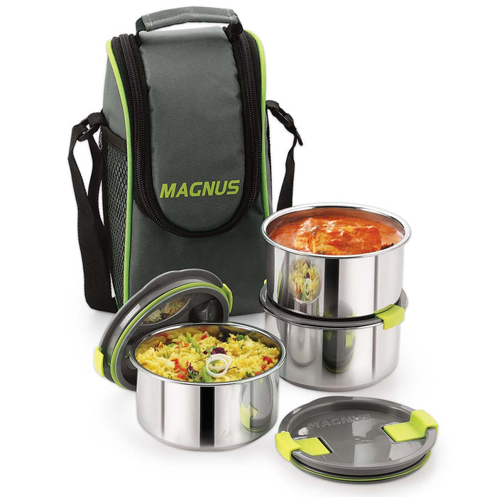 Magnus Opal 3 Stainless Steel Lunchbox Set - Leak-Proof Lunch Box for Kids, Insulated Bag with 3 Containers (350ml each), Smart Steam Lock, Ideal Lunch Boxes for Office Men, Women, School