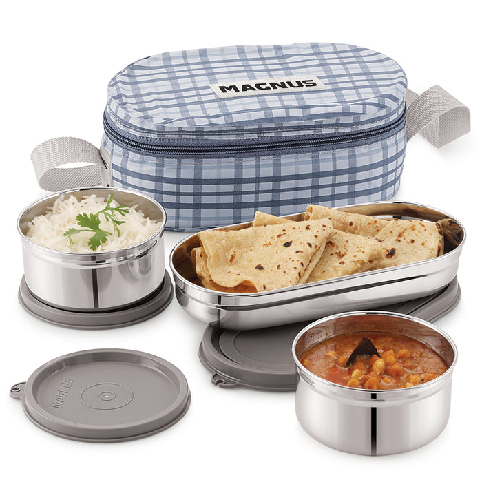 Magnus Deli 3 Prime Stainless Steel Lunch Box Set - Leakproof, BPA-Free, Hot Food Safe, Air-Tight Seal, Grey Lunch Box for Kids & Lunch Boxes for Office Men & Women, Ideal for School & Office