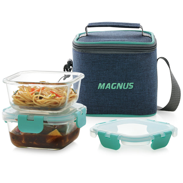 Magnus Glock Linen Glass Lunch Box with Blue Vertical Pouch, 2 Square Borosilicate Glass Containers, 640 ML Each