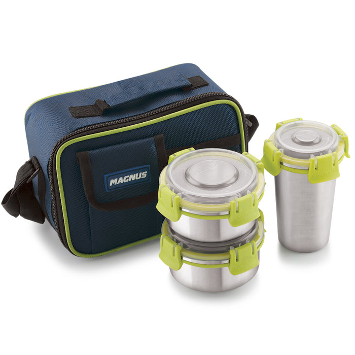 Magnus Ethos 3 Lunch Box Set | Stainless Steel Tiffin with 2 Containers & 1 Glass | Air-Tight, Leakproof, Insulated Bag - Green | Lunch Box for Kids | Lunch Boxes for Office Men, Women