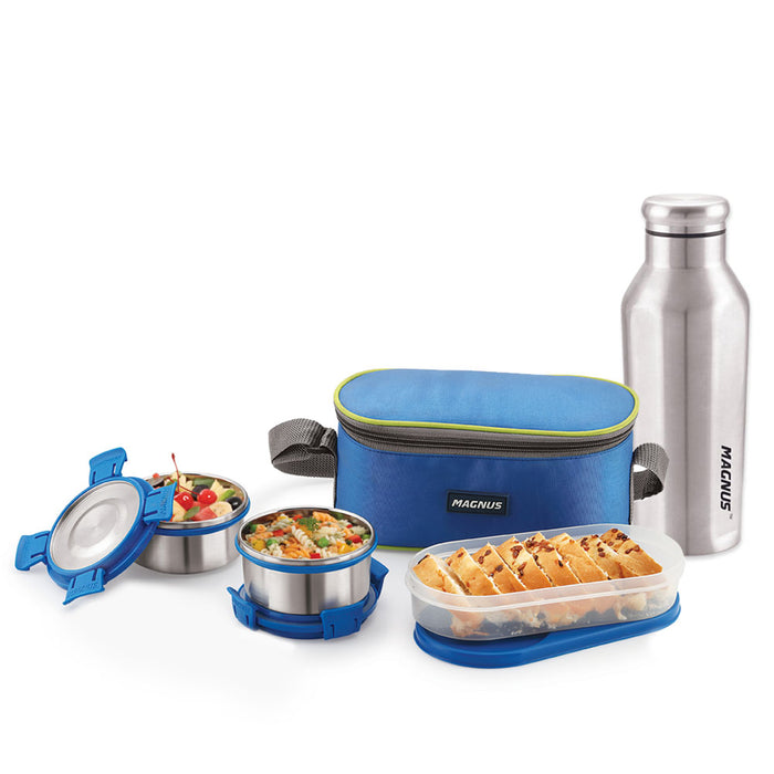 Magnus Avanza 3 Deluxe Stainless Steel Lunch Box with 2 Containers (600ml) & 1 Oval Container, Includes Stainless Steel Bottle (550ml), Airtight & Leakproof, Ideal Lunch Box for Kids & Office Men