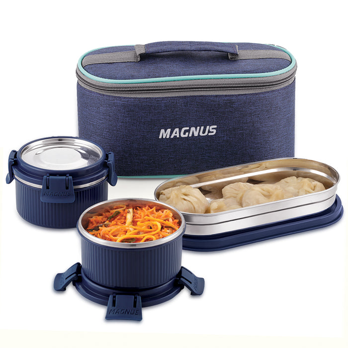 Magnus Microwave Avanza 3 Deluxe Prime - Stainless Steel Ribbed Microwave Safe Leakproof Lunch Box with Klip Lock & Carry Bag |Tiffin for Office, School, Men, Women, Kids